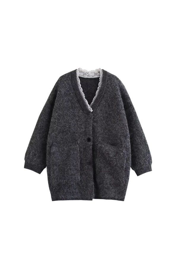 Sienna  Lace-Edged Shawl Collar V-Neck Cardigan (2 color) on Sale - Image 2