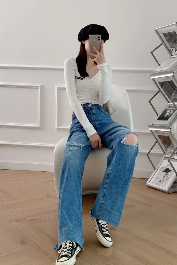 ‘Olesya’ High-Waisted Ripped Straight-Leg Jeans Discount
