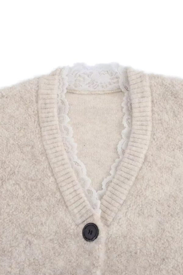 Sienna  Lace-Edged Shawl Collar V-Neck Cardigan (2 color) on Sale - Image 3