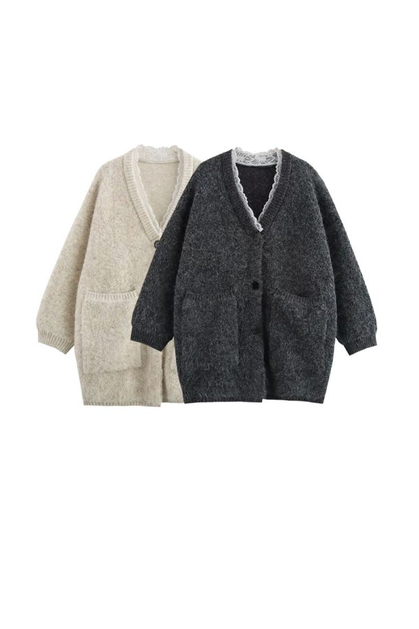 Sienna  Lace-Edged Shawl Collar V-Neck Cardigan (2 color) on Sale
