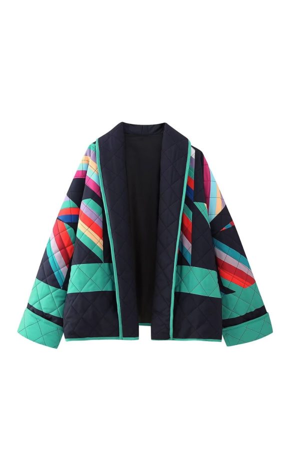 Ella  Patchwork Collar Loose Open Front Cotton Jacket For Cheap