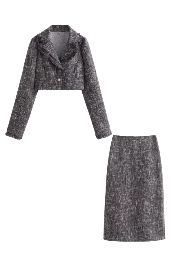 Dolores  Tweed Cropped Suit Blazer & Slit Skirt Set Fashion