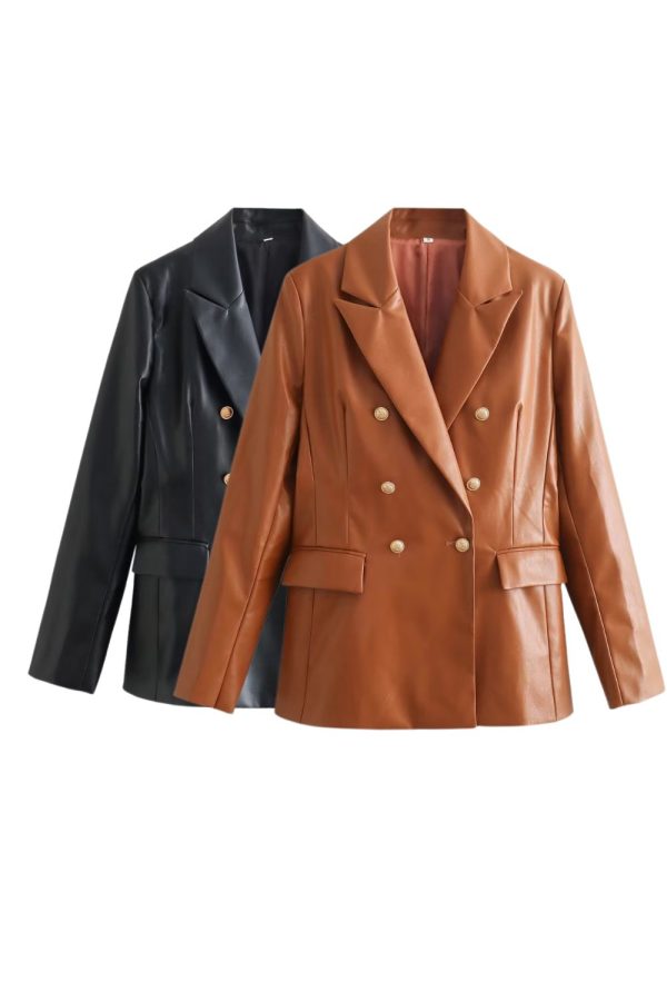 ‘Abigail’ Double-breasted Faux Leather Coat For Cheap