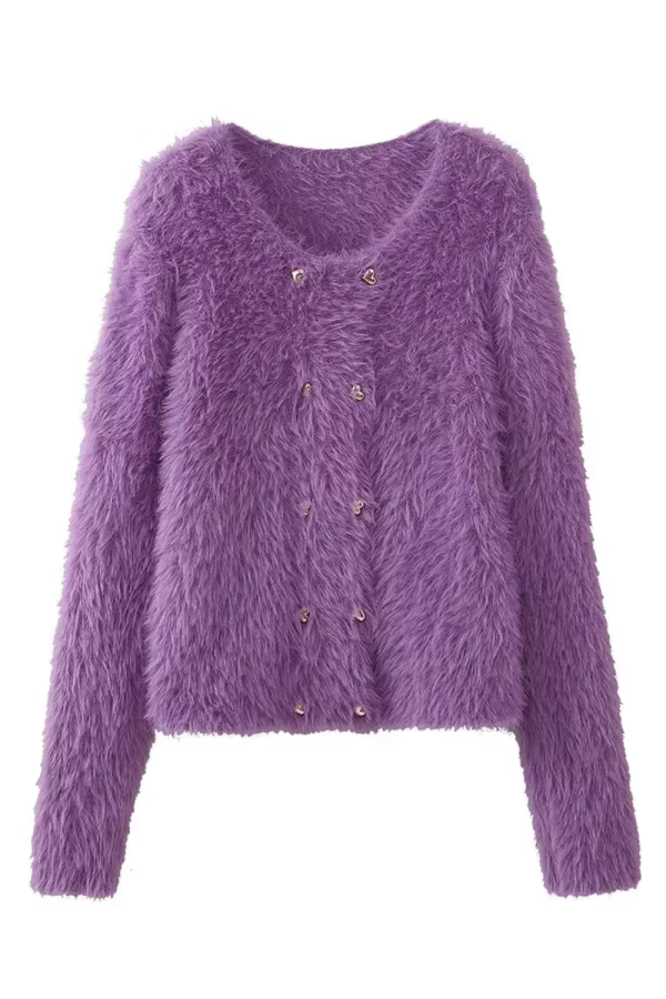 Zadie  Fuzzy Round Neck Knitted Cardigan (4 Colors) Online Sale