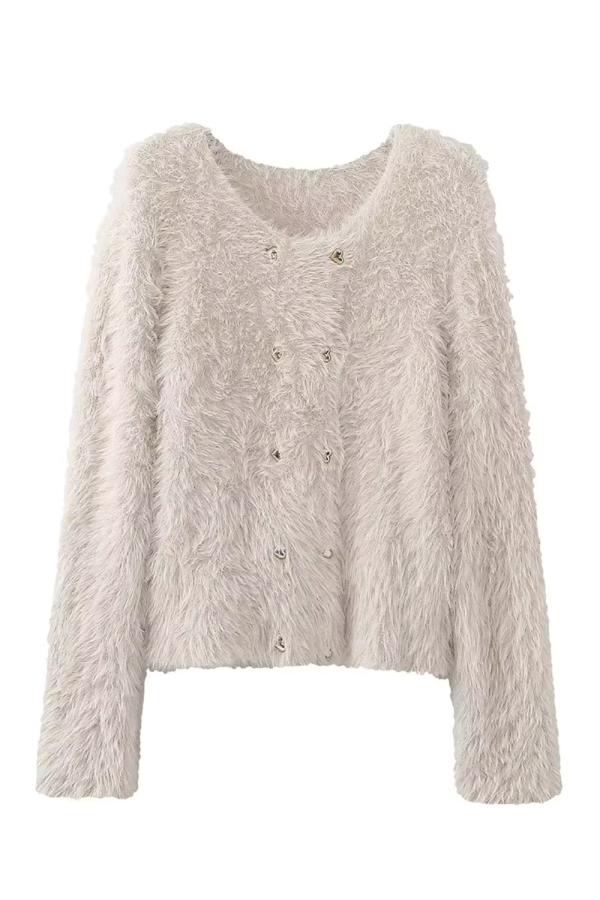 Zadie  Fuzzy Round Neck Knitted Cardigan (4 Colors) Online Sale - Image 2