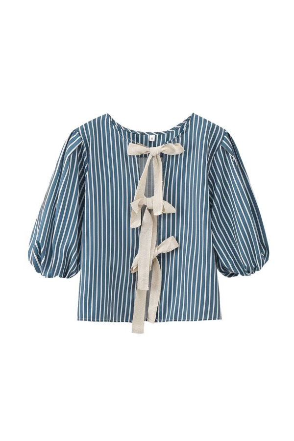 Isabelle  Striped Bow Lace-Up Short Sleeve Top Sale