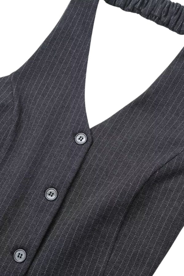 Caroline  Striped Pleated Waist Vest Dress Cheap - Image 4