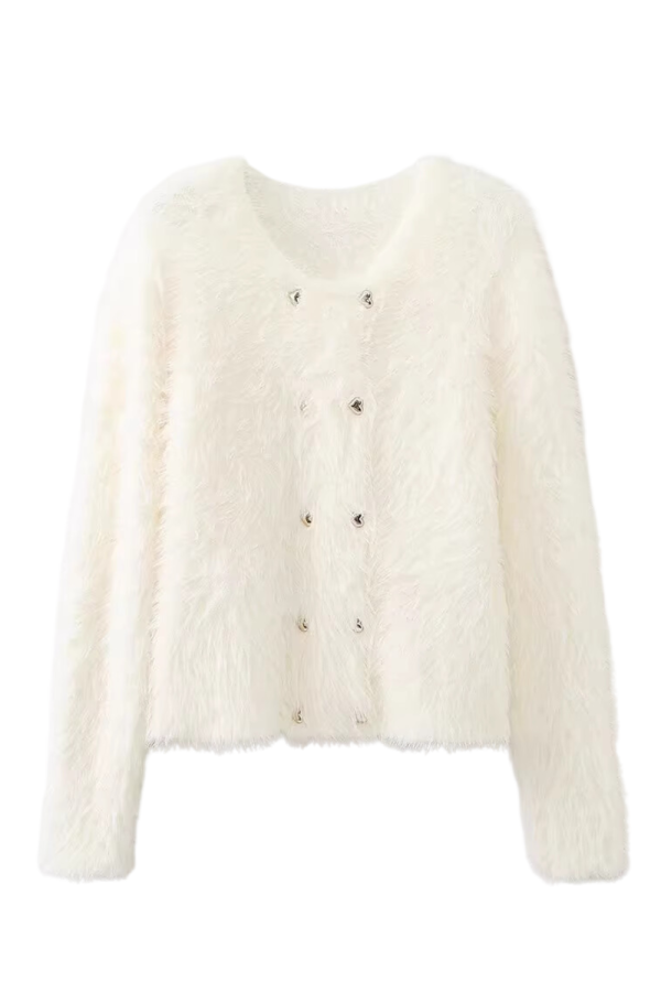 Zadie  Fuzzy Round Neck Knitted Cardigan (4 Colors) Online Sale - Image 4