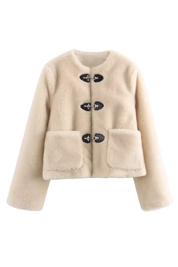 Barbara  Round-Neck Buckle Sherpa Jacket (2 Colors) on Sale