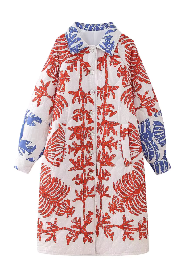 Joyce  Printed Pattern Collared Quilted Long Coat For Discount