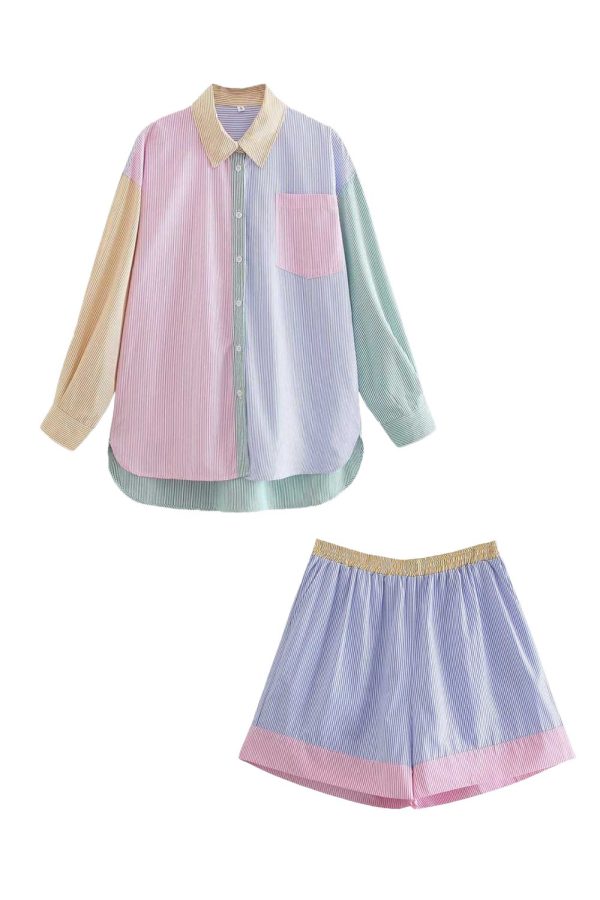 ‘Florence’ Patchwork StripedLoose Shirt & Casual Shorts Set (Sold Separately) Cheap