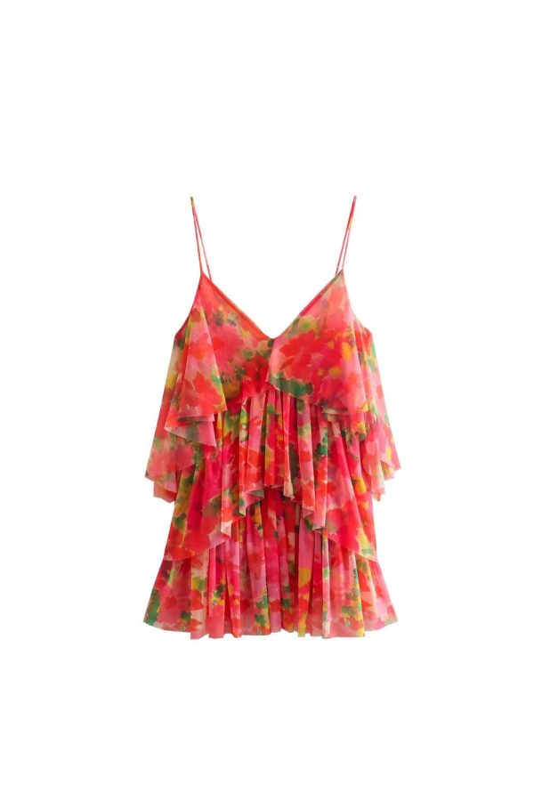 Stella  V-neck Fine Strap Floral Chiffon Dress Supply