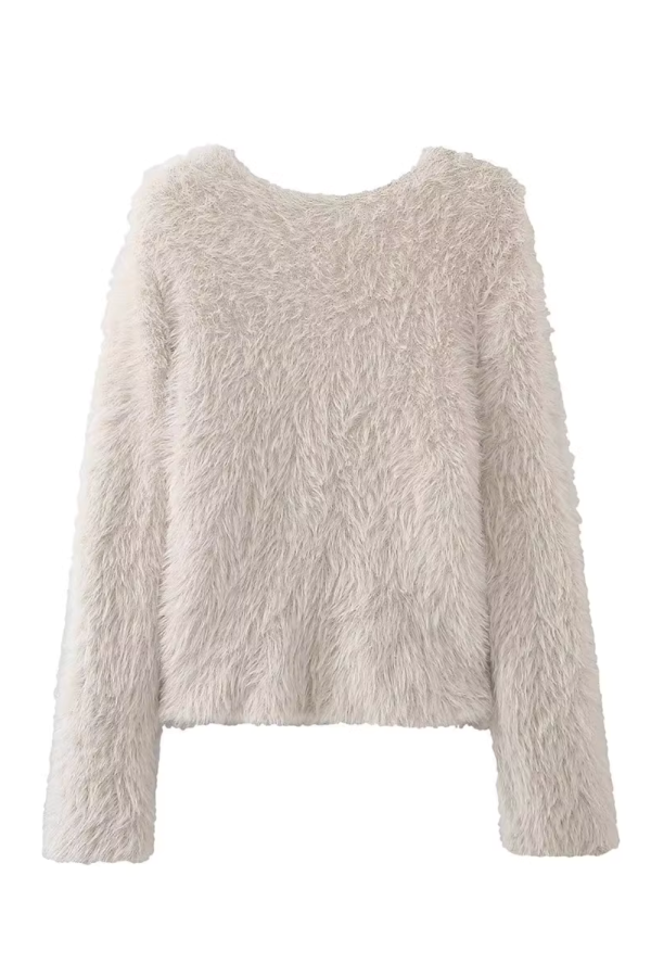 Zadie  Fuzzy Round Neck Knitted Cardigan (4 Colors) Online Sale - Image 5