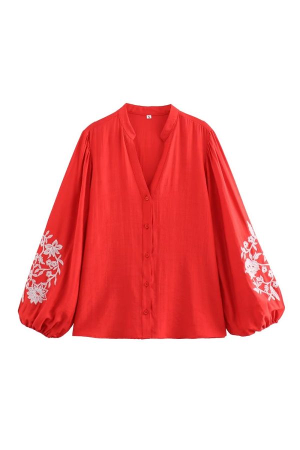 ‘Poppy’ V-neck Embroidered Long Sleeve Top Online Sale