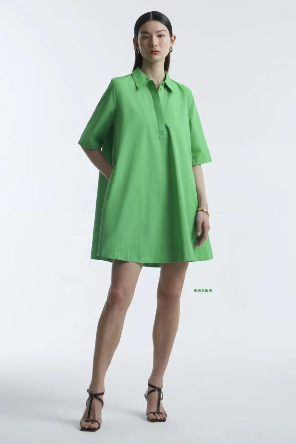 Olivia  Turn-down Collar Solid Color Short Sleeve Dress(2 colors) Sale - Image 3