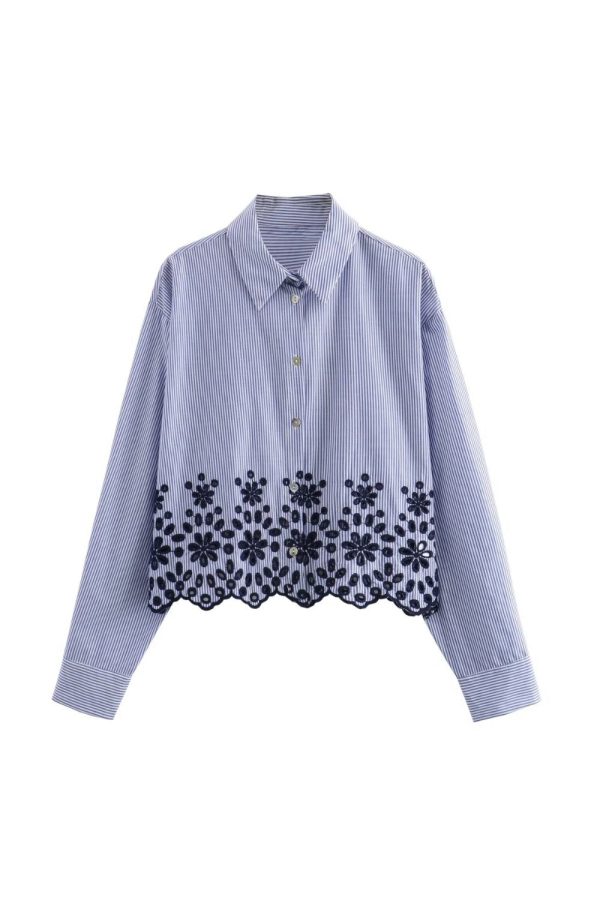 Imogen  Hollow Embroidered Striped Shirt Cheap