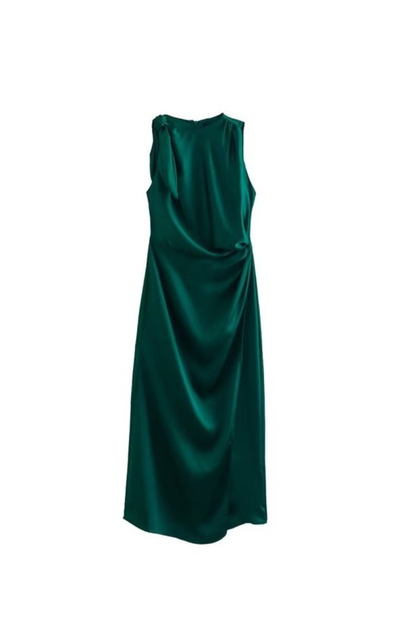 ‘Lucy’  Pleated Decorative Silk Satin Texture Midi Dress Online Sale