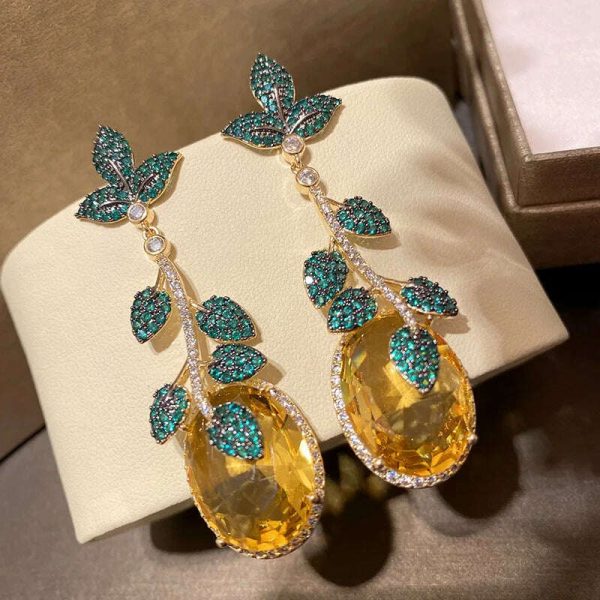 Fashion Green Leaf And Yellow Cubic Zirconia Vintage Luxury Drop Earring For Women Jewelry Pink Barbie Powder Tassel Crystal Cheap - Image 4